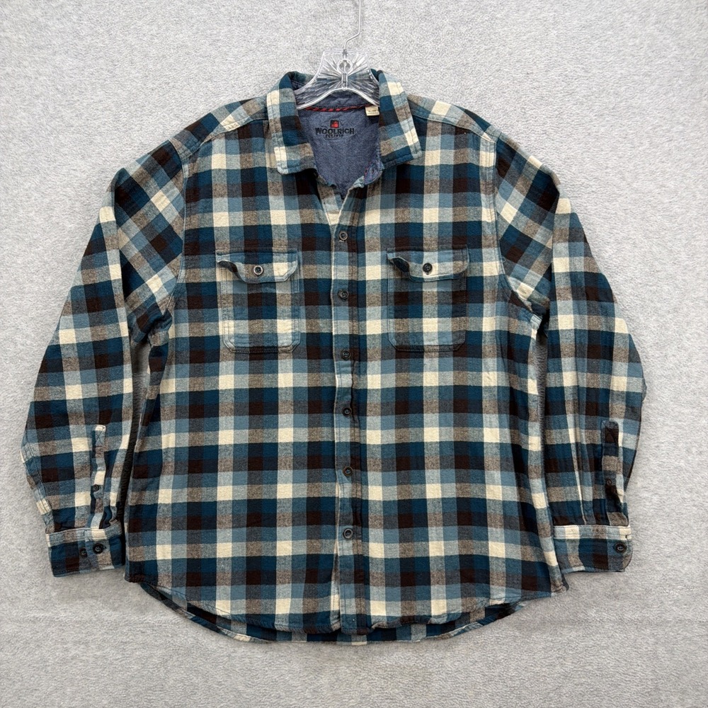 Woolrich Shirt Mens XL Blue Black Tan Flannel Plaid Herringbone Cabin Lumberjack